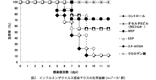 図2．インフルエンザウイルス感染マウスの生存曲線 (n=7〜9 / 群)